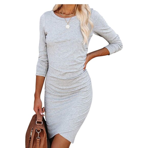 👗 2/$30 👗 Heather Light Gray Long Sleeve Bodycon Dress with Ruching sz S - Picture 1 of 4